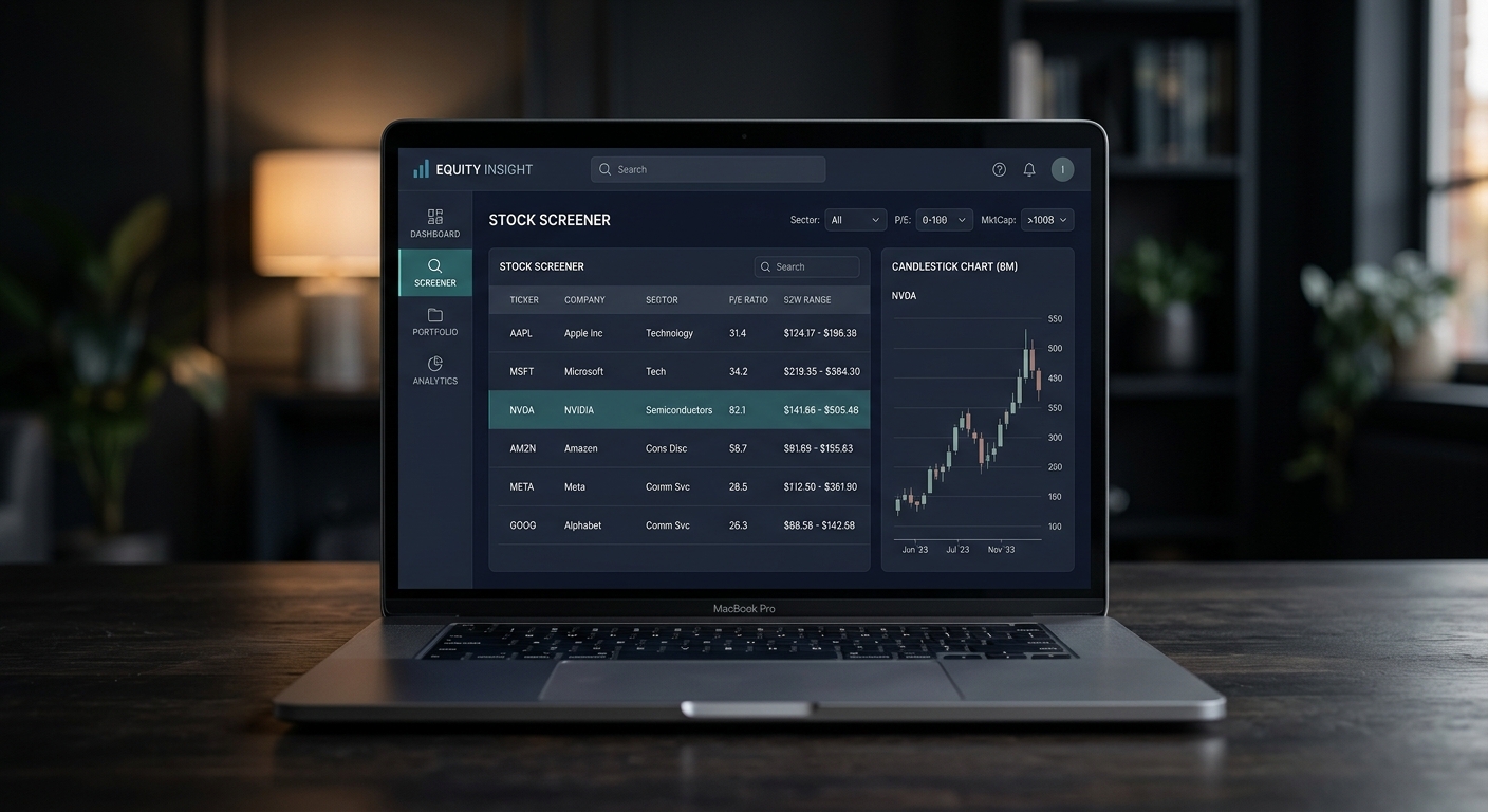MarketLens stock screener dashboard shown on a laptop, with a filterable table of tickers and a candlestick chart.